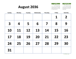 August 2036 Calendar with Extra-large Dates