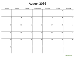 August 2036 Calendar with Bigger boxes