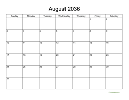 Basic Calendar for August 2036