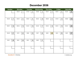 December 2036 Calendar with Day Numbers