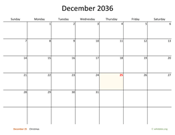 December 2036 Calendar with Bigger boxes