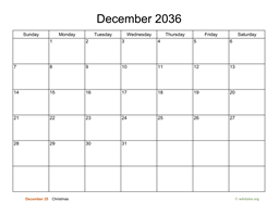 Basic Calendar for December 2036