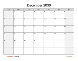 December 2036 Calendar with Weekend Shaded