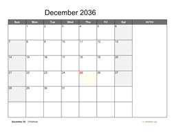 December 2036 Calendar with Notes