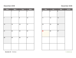 December 2036 Calendar on two pages