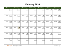 February 2036 Calendar with Day Numbers