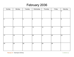 Basic Calendar for February 2036