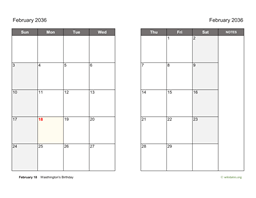 February 2036 Calendar on two pages