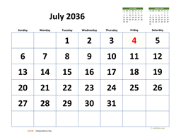 July 2036 Calendar with Extra-large Dates