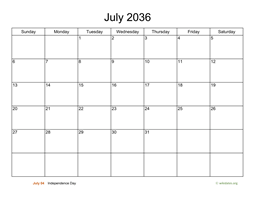 Basic Calendar for July 2036