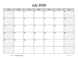 July 2036 Calendar with Weekend Shaded