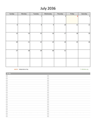 July 2036 Calendar with To-Do List