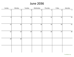 June 2036 Calendar with Bigger boxes