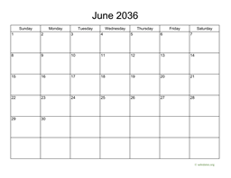 Basic Calendar for June 2036
