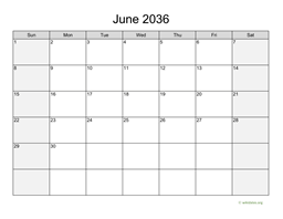 June 2036 Calendar with Weekend Shaded