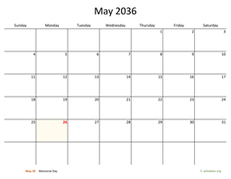 May 2036 Calendar with Bigger boxes