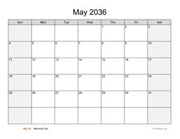 May 2036 Calendar with Weekend Shaded