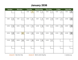 Monthly 2036 Calendar with Day Numbers