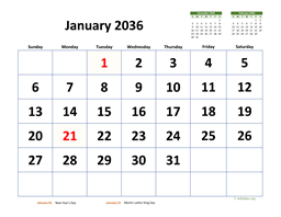 Monthly 2036 Calendar with Extra-large Dates