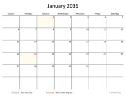 Monthly 2036 Calendar with Bigger boxes