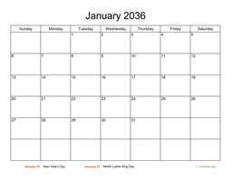 Monthly Basic Calendar for 2036