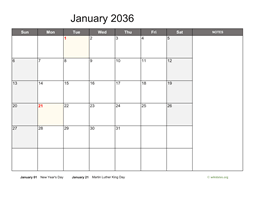 Monthly 2036 Calendar with Notes