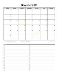 November 2036 Calendar with To-Do List