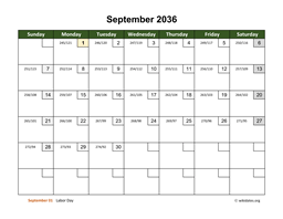 September 2036 Calendar with Day Numbers
