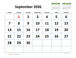 September 2036 Calendar with Extra-large Dates