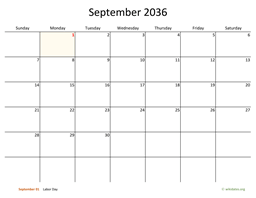 September 2036 Calendar with Bigger boxes