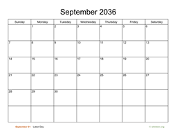 Basic Calendar for September 2036
