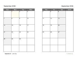 September 2036 Calendar on two pages