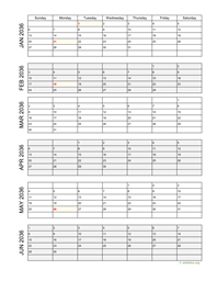 six months 2036 calendar vertical