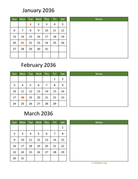 three months 2036 calendar vertical with notes