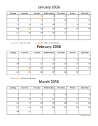 three months 2036 calendar vertical
