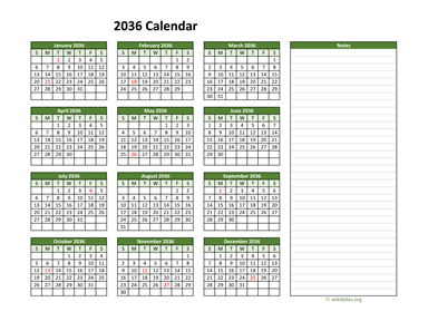 Yearly Printable 2036 Calendar with Notes | WikiDates.org