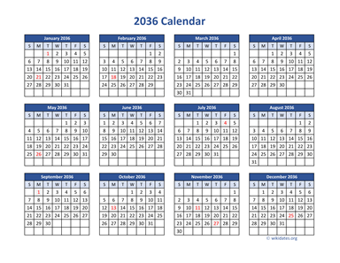 2036 Calendar in PDF