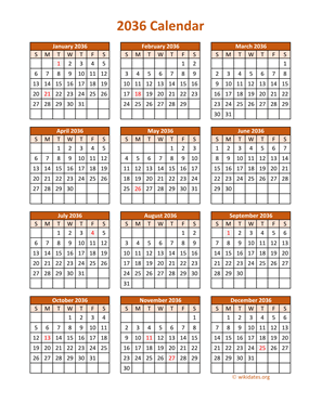 Full Year 2036 Calendar on one page