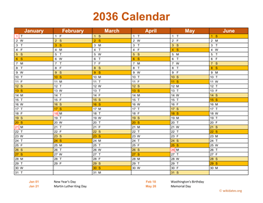 2036 Calendar on 2 Pages, Landscape Orientation