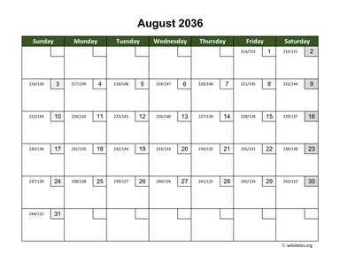 August 2036 Calendar with Day Numbers