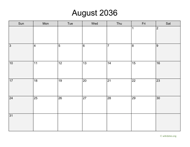 August 2036 Calendar with Weekend Shaded