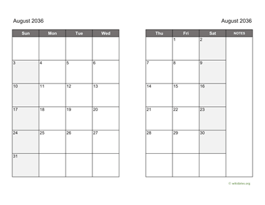 August 2036 Calendar on two pages