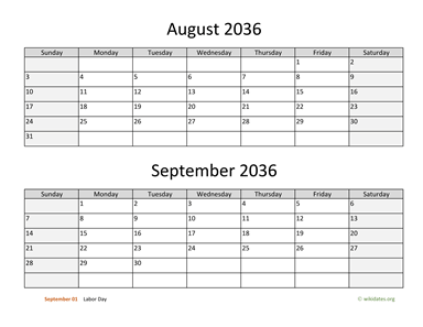 August and September 2036 Calendar Horizontal