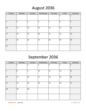 August and September 2036 Calendar Vertical