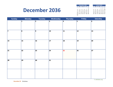 December 2036 Calendar Classic