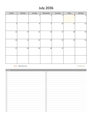 July 2036 Calendar with To-Do List | WikiDates.org