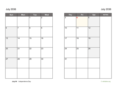 July 2036 Calendar on two pages