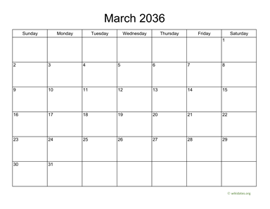 Basic Calendar for March 2036