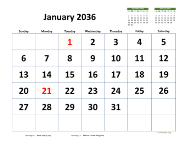 Monthly 2036 Calendar with Extra-large Dates
