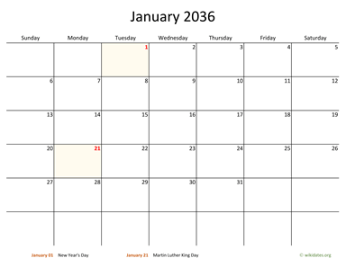 Monthly 2036 Calendar with Bigger boxes